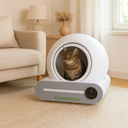Chat utilisant la litière automatique LovePetTech
