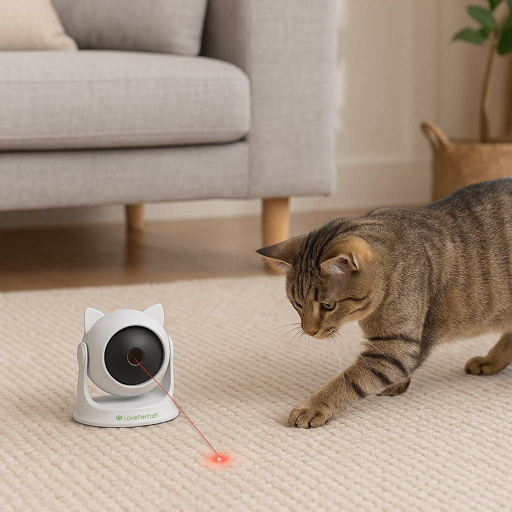 Chat jouant avec le jouet laser LovePetTech
Jouet laser automatique interactif pour chat LovePetTech
Jeu laser intelligent LovePetTech pour chats actifs